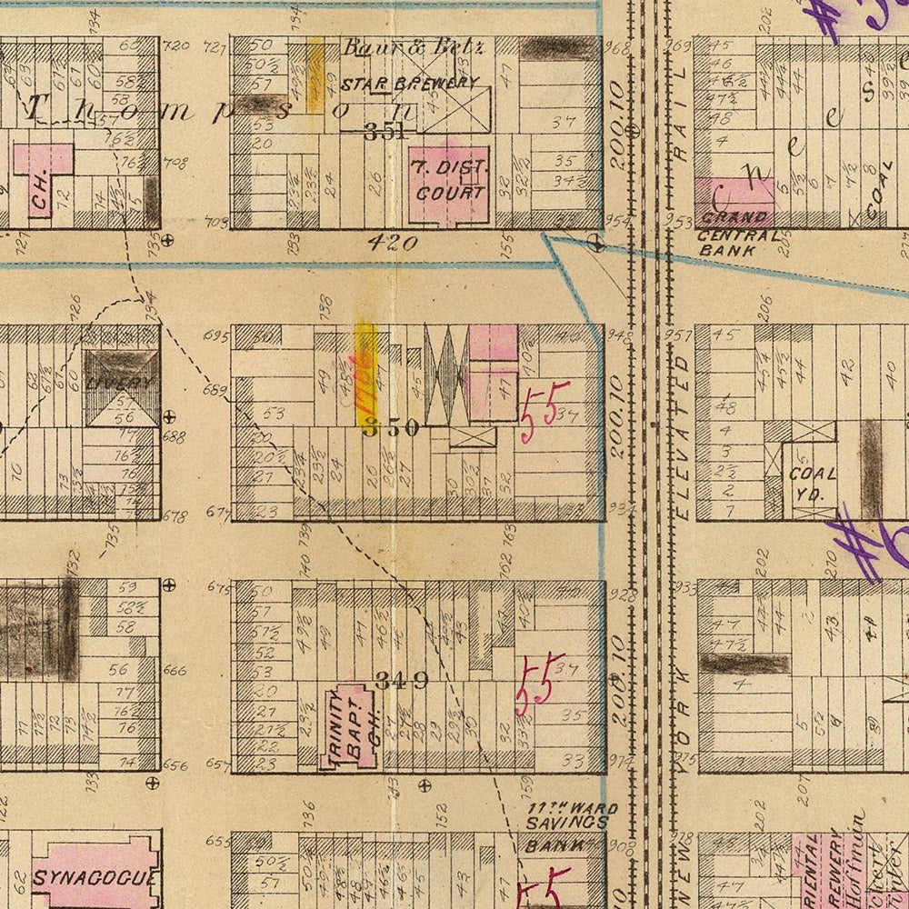 Alte Karte von Midtown East, NYC, 1879: St. Luke's Hospital, St. Patrick's Cathedral, Steinway & Sons Piano Factory, Ward 19