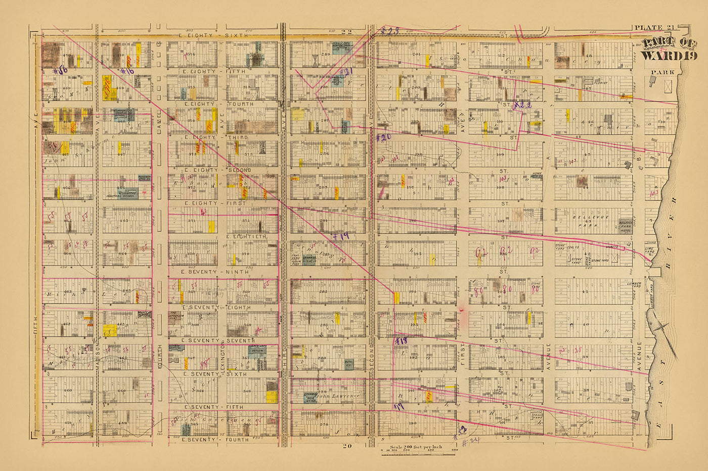 Ancienne carte de l'Upper East Side, New York par Bromley, 1879 : quartier 19, de la 74e rue à l'est de la 86e rue