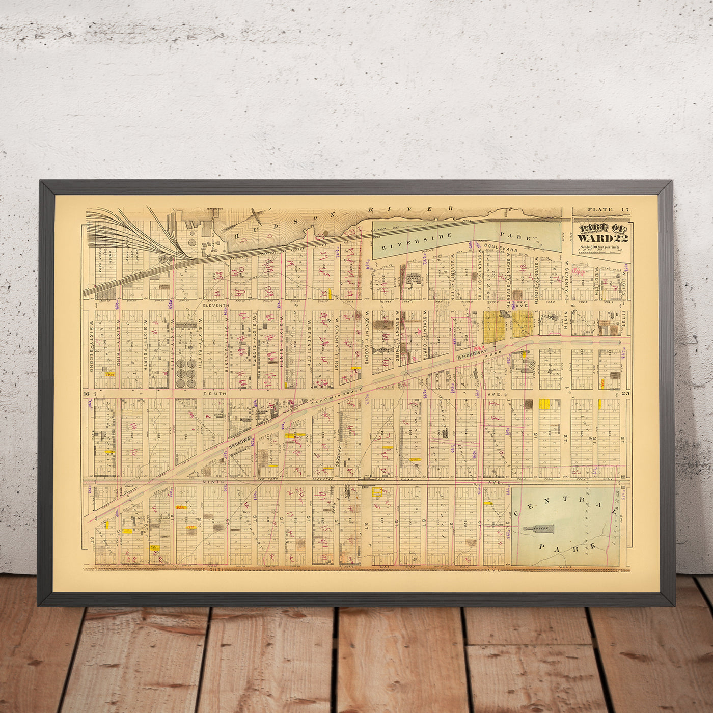 Mapa antiguo del Upper West Side, Nueva York, 1879: Central Park, Riverside Park, Broadway, Ward 22