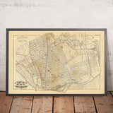 Ancienne carte du Bronx, NYC par Bromley, 1879 : South Melrose, Mott Haven, St. Mary's Park, East River, chemins de fer 