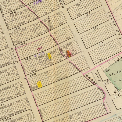 Ancienne carte de New York par Bromley, 1879 : South Melrose, Mott Haven, St. Mary's Park, East River, voies ferrées