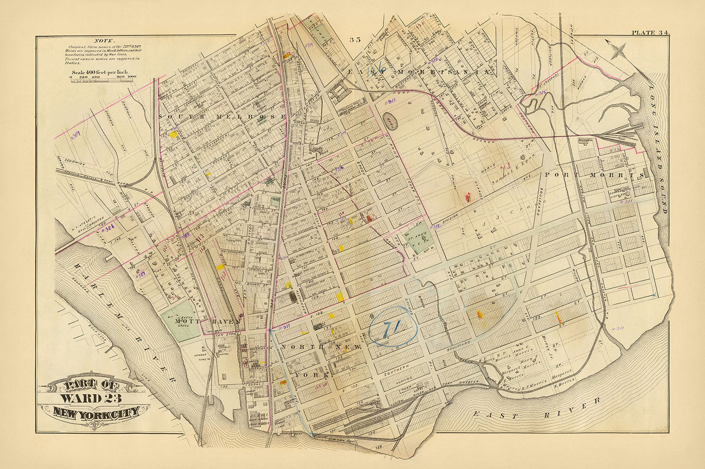 Alte Karte von New York City von Bromley, 1879: South Melrose, Mott Haven, St. Mary's Park, East River, Eisenbahnen