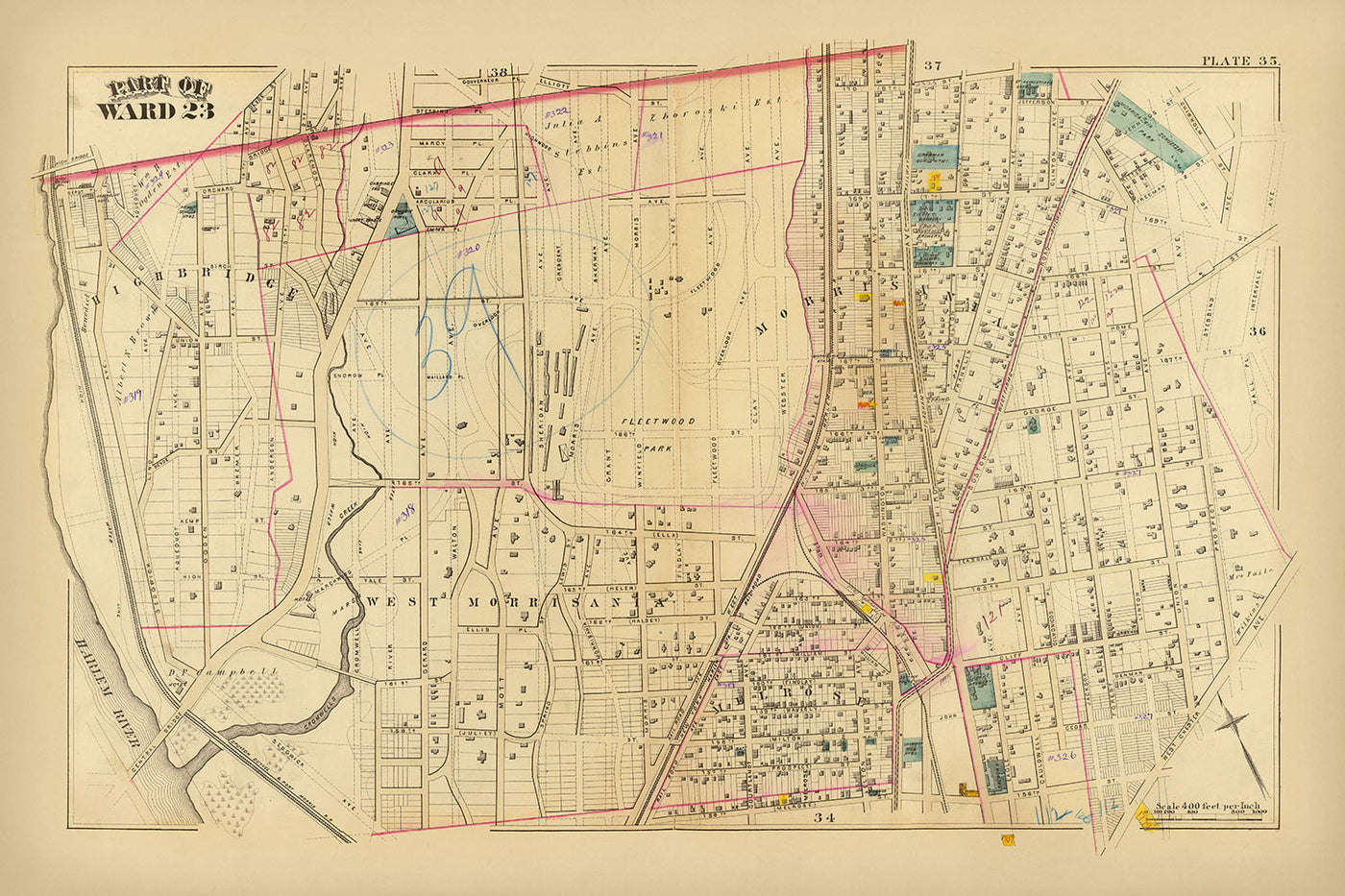 Mapa antiguo de la ciudad de Nueva York de Bromley, 1879: Highbridge, West Morrisania, Melrose, Fleetwood Park, Schuetzen Park