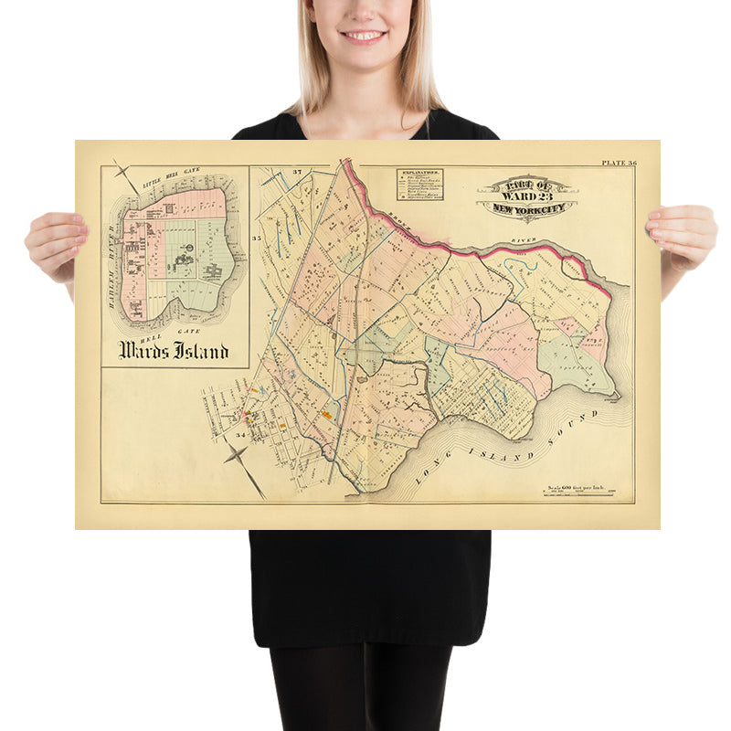 Mapa antiguo de la ciudad de Nueva York de Bromley, 1879: Isla Wards, Hell Gate, Spoffords Point, Barrettos Point, East River