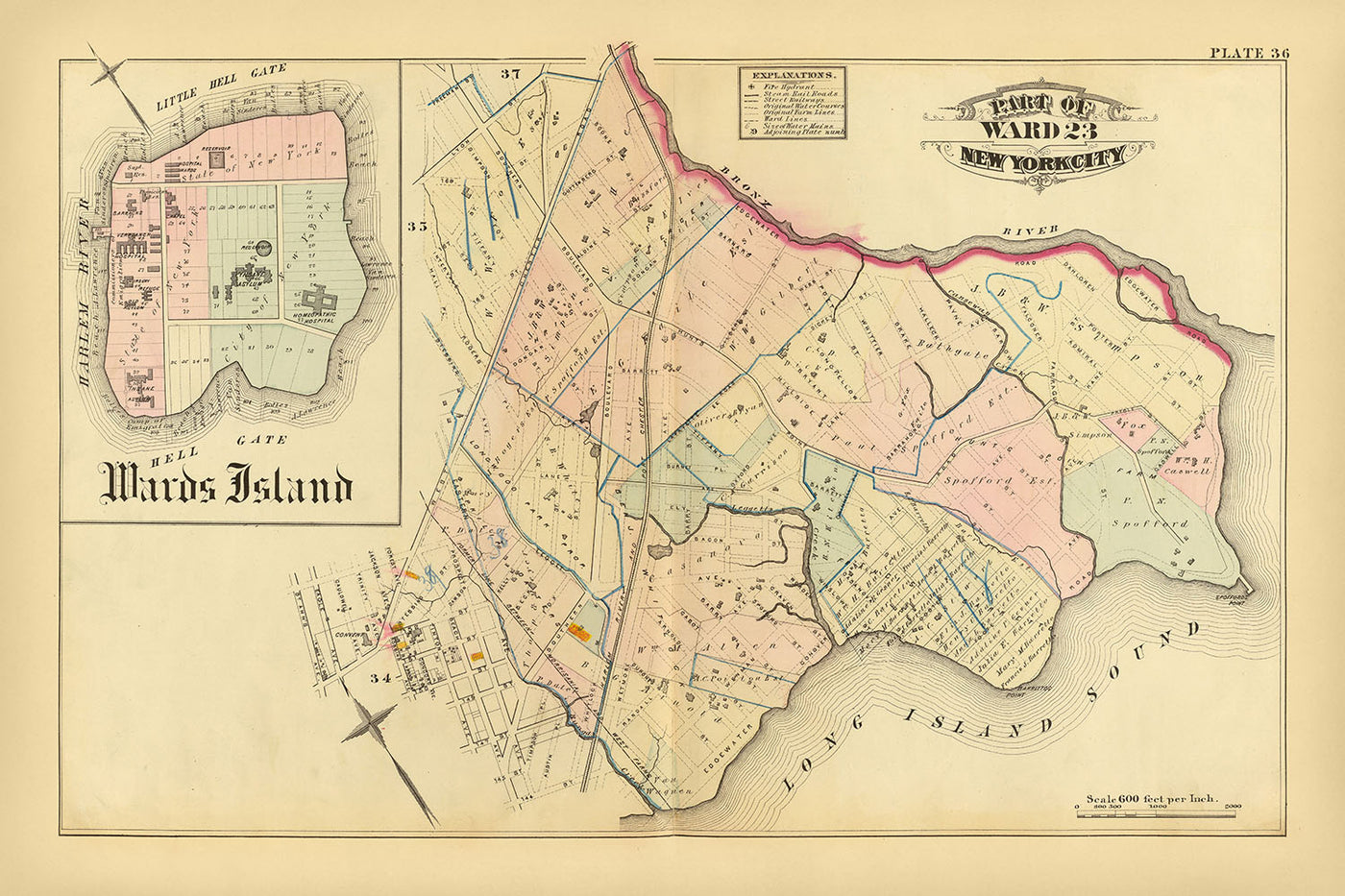 Mapa antiguo de la ciudad de Nueva York de Bromley, 1879: Isla Wards, Hell Gate, Spoffords Point, Barrettos Point, East River