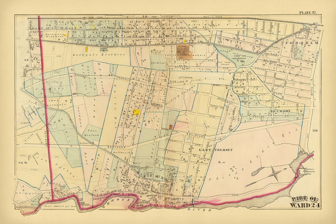 Mapa antiguo de la ciudad de Nueva York de Bromley, 1879: West Farms, East Tremont, Belmont, Fordham, río Bronx