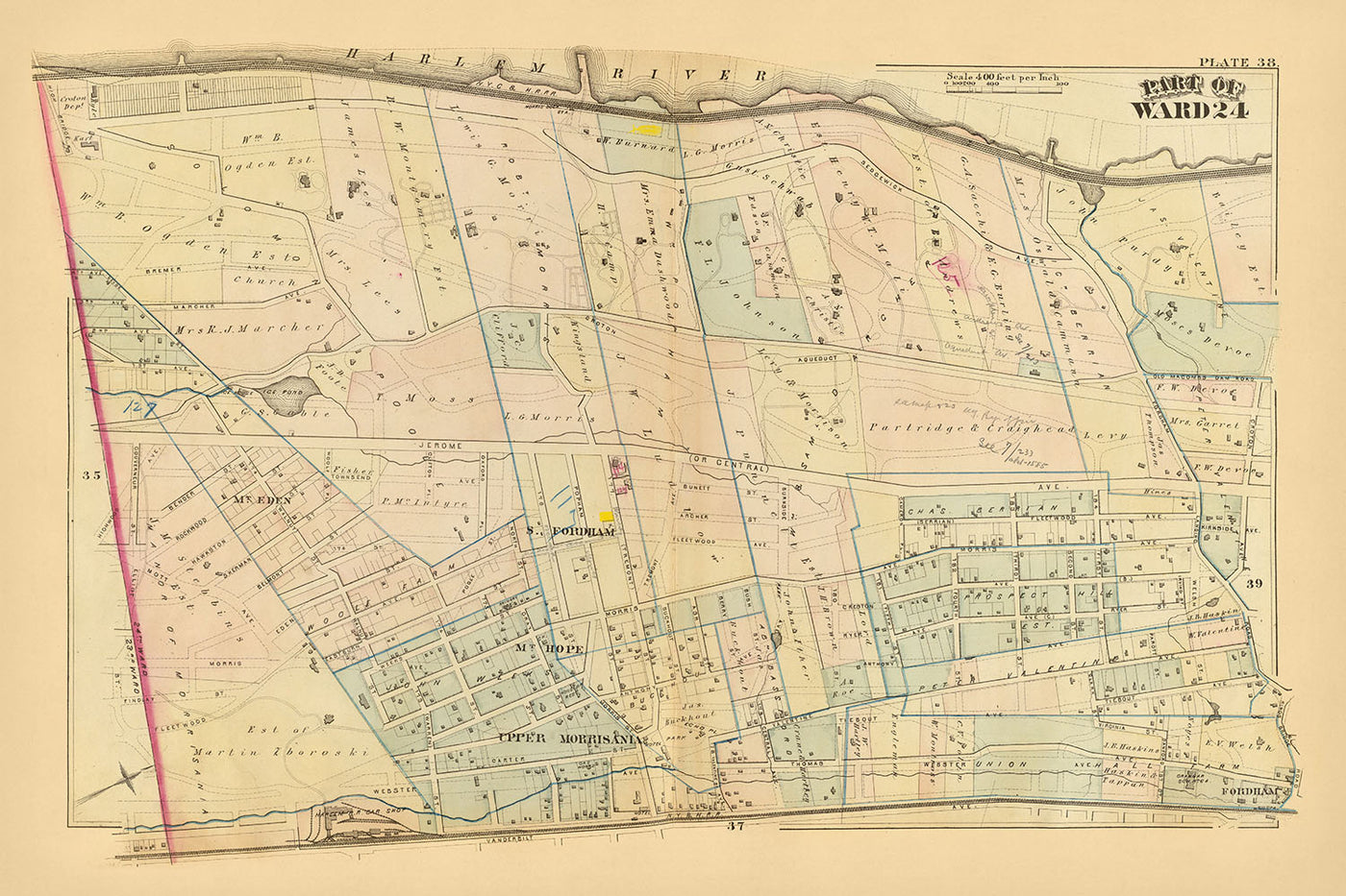 Alte Karte von New York City von Bromley, 1879: South Fordham, Mount Hope, Upper Morrisania, Fordham, Harlem River