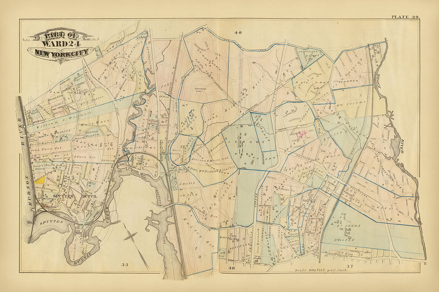 Old Map of the Bronx, NYC by Bromley, 1879: Fordham, Belmont, East Tremont, Bronx River, St. Johns College