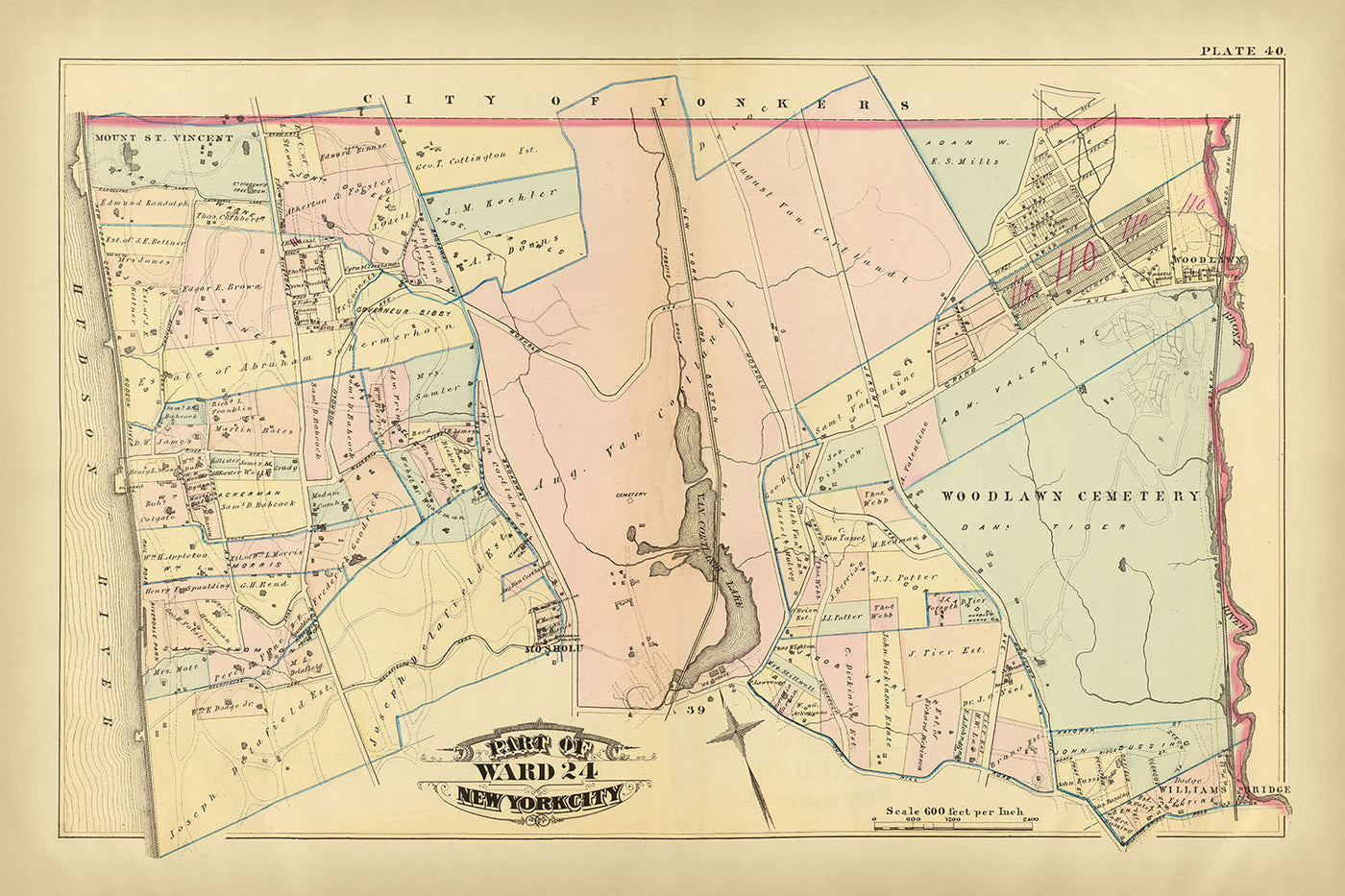 Ancienne carte de la ville de New York par Bromley, 1879 : cimetière de Woodlawn, lac Van Cortlandt, mont Saint-Vincent