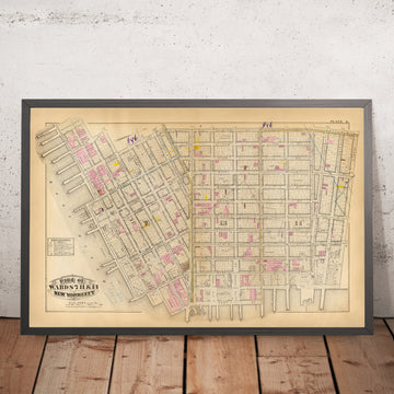 Ancienne carte du Lower East Side, New York, 1879 : avec Rutgers Slip, Governeur Slip, Union Market