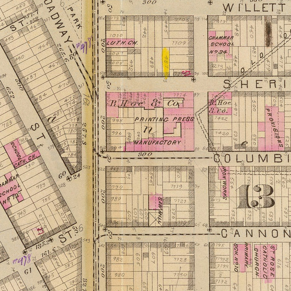 Alte Karte der Lower East Side, New York City, 1879: Mit Rutgers Slip, Governeur Slip, Union Market