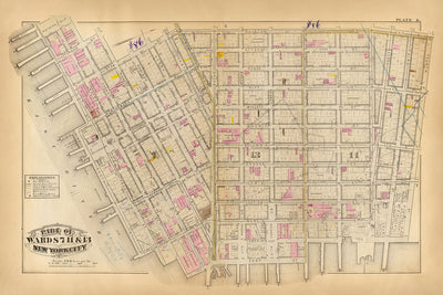 Alte Karte der Lower East Side, New York City, 1879: Mit Rutgers Slip, Governeur Slip, Union Market