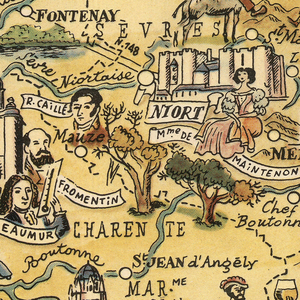 Old Pictorial Map of Poitou-Charentes by Liozu, 1951: La Rochelle, Poitiers, Angoulême, Marais Poitevin