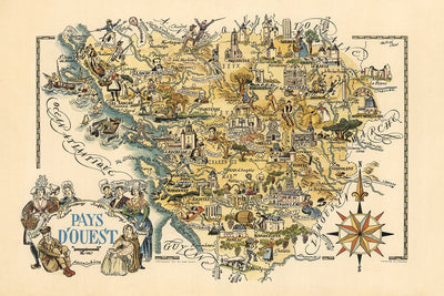 Carte ancienne picturale des Pays de la Loire par Liozu, 1951 : Nantes, Angers, Poitiers, Château de Saumur, Marais Poitevin