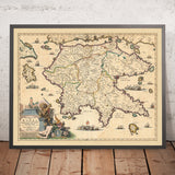 Alte Karte des Peloponnes, Griechenland von Visscher, 1690: Patras, Zakynthos, Kalamata, Nafplion, Saronische Inseln 