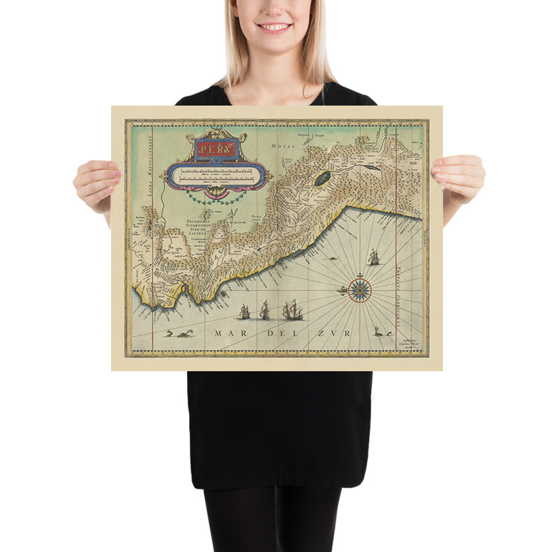 Ancienne carte du Pérou par Blaeu, 1630 : Lima, Andes, monstres marins, rose des vents, cartouche décorative