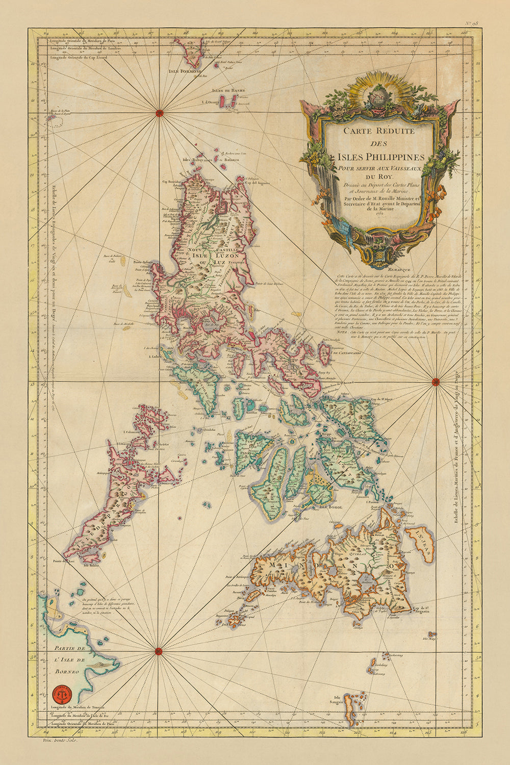 Mapa antiguo de Filipinas de Bellin, 1752: Manila, Cebú, líneas de rumbo, cartela rococó, montañas