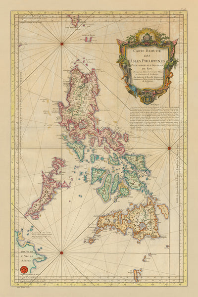 Ancienne carte des Philippines par Bellin, 1752 : Manille, Cebu, Rhumb Lines, Rococo Cartouche, Montagnes