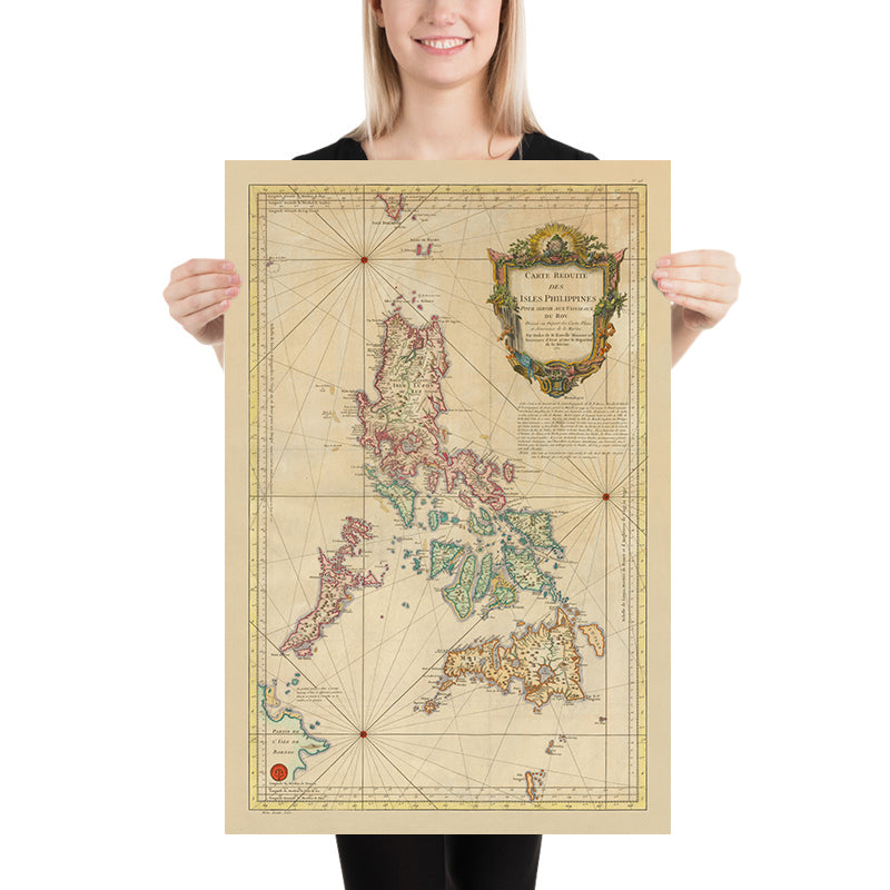 Mapa antiguo de Filipinas de Bellin, 1752: Manila, Cebú, líneas de rumbo, cartela rococó, montañas