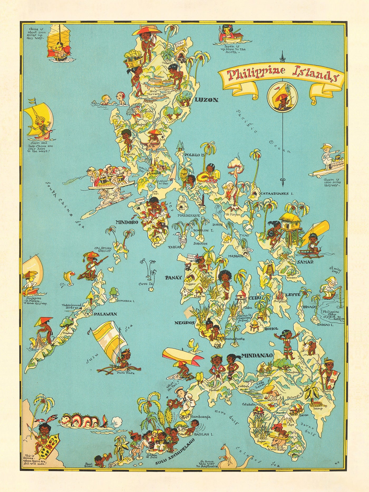 Ancienne carte des Philippines par Ruth Taylor White, 1935 : Manille, Luçon, Samar, Mindanao et l'archipel de Sulu