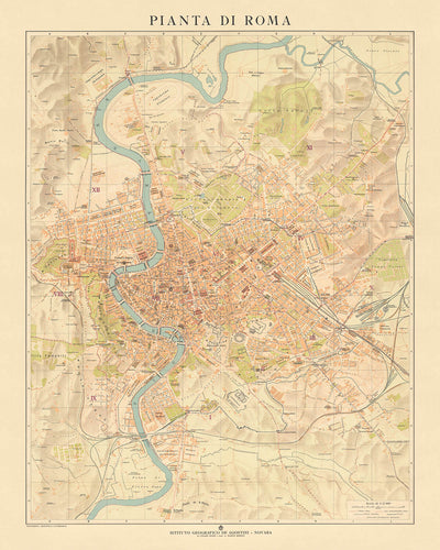 Mapa antiguo de Roma, 1921: Vaticano, Coliseo, Fontana de Trevi, Via del Corso, Foro Romano