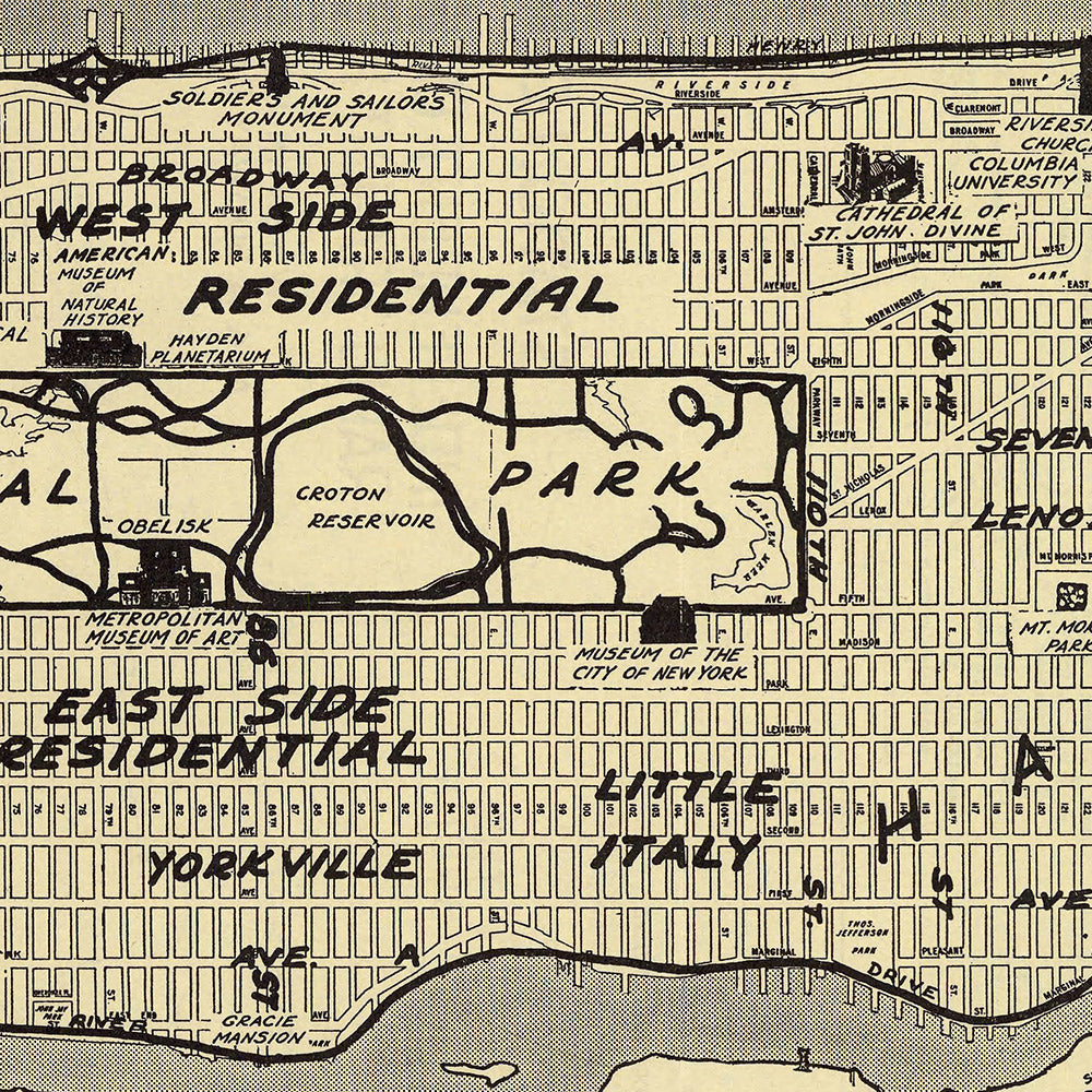 Antiguo mapa pictórico de Manhattan por Seidman, 1939: Central Park, Empire State, Harlem, Times Square, Broadway