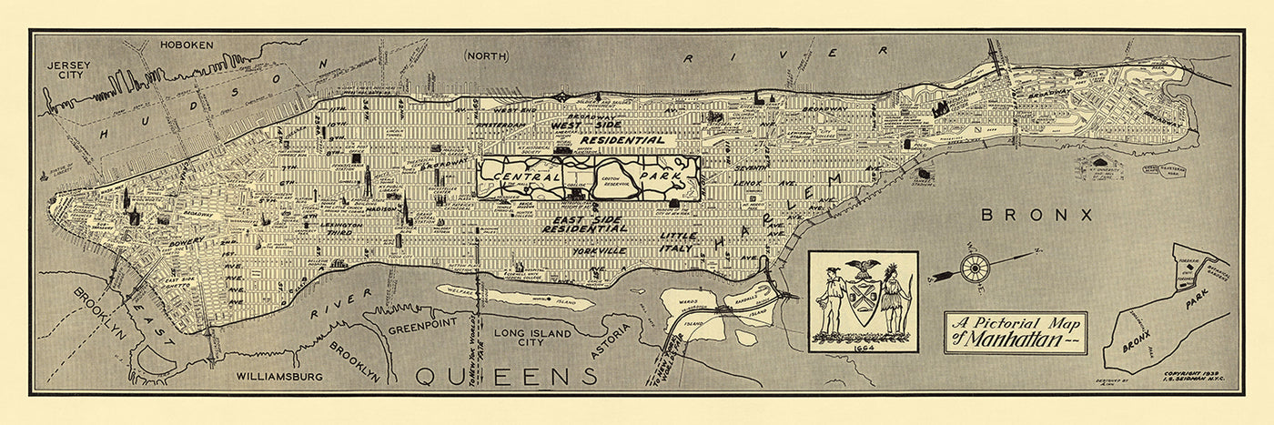 Ancienne carte picturale de Manhattan par Seidman, 1939 : Central Park, Empire State, Harlem, Times Square, Broadway