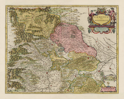 Old Map of Piedmont & Monferrato, Italy by Joan Blaeu, 1665: Turin, Alessandria, Asti, Casale Monferrato, Vercelli