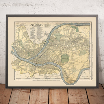 Mapa antiguo de Pittsburgh, 1891: Allegheny, East Liberty, Highland Park, Schenley Park, río Monongahela