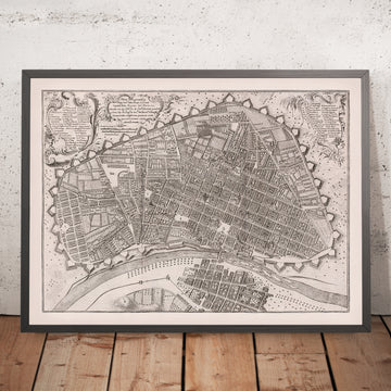 Alte Birdseye-Karte von Lima von Ulloa, 1748: Befestigungen, Fluss, Brücken, Stadtblöcke, Kartuschen 
