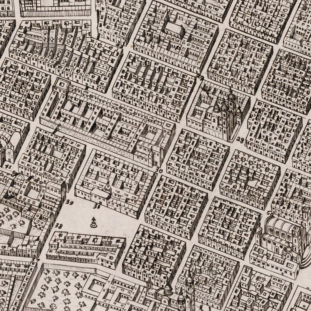 Old Birdseye Map of Lima by Ulloa, 1748: Fortifications, River, Bridges, City Blocks, Cartouches