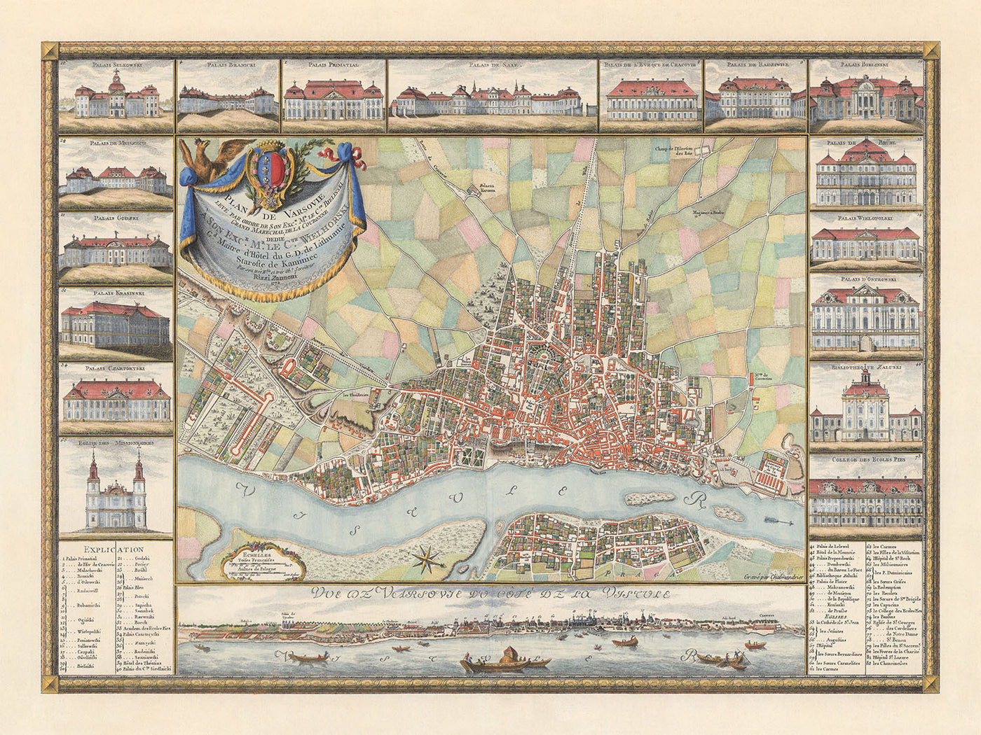 Ancienne carte de Varsovie par Rizzi Zannoni, 1772 : Vistule, Miodowa, Senatorska, Solec, Swietojanska