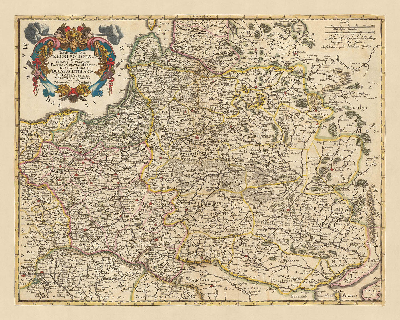 Old Map of Poland by Visscher, 1690: Warsaw, Vilnius, Minsk, Vienna, Kyiv