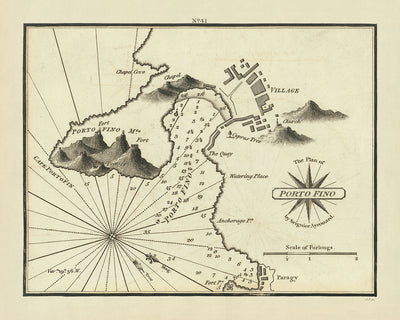 Alte Portofino-Seekarte von Heather, 1802: Dorf, Festungen, Tiefenangaben