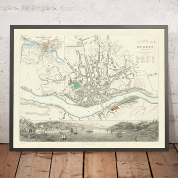 Mapa antiguo de Oporto, 1870: Torre da Marca, Catedral, Plaza Ribeira, Iglesia de San Francisco, Palacio Episcopal