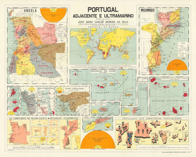Carte du vieux monde de l'Empire portugais par Manuel Barreira, 1961 : Mozambique colonial, Açores, Angola, Cap-Vert, Macao, Inde