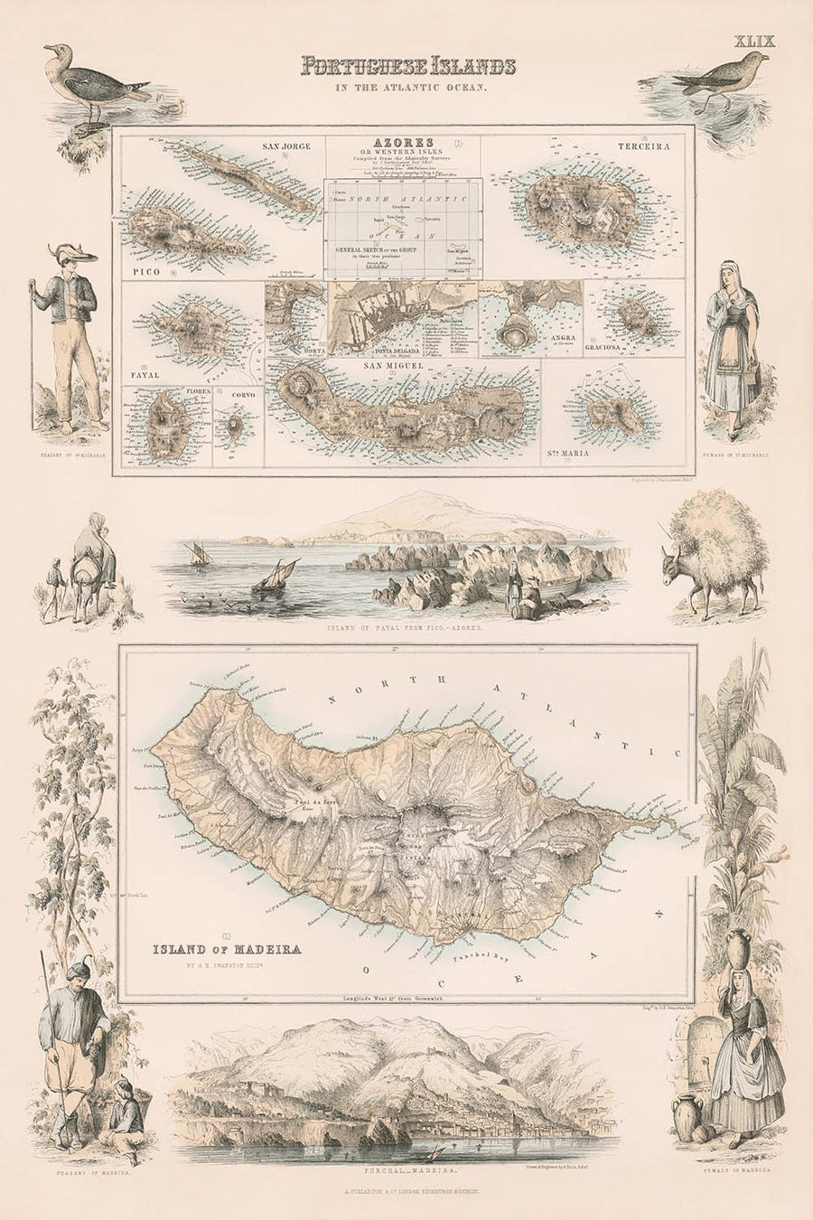 Mappa antica delle Azzorre e di Madeira, 1865: Isole portoghesi, Funchal, Angra, Ponta Delgada, Fayal, Pico 