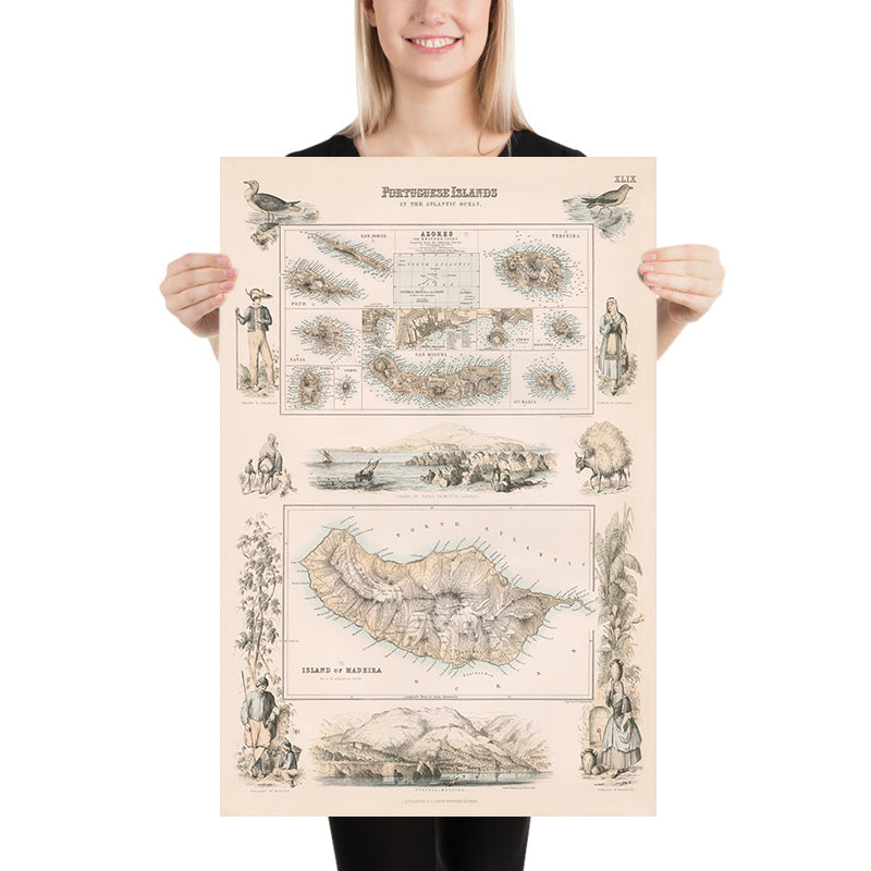 Mappa antica delle Azzorre e di Madeira, 1865: Isole portoghesi, Funchal, Angra, Ponta Delgada, Fayal, Pico 