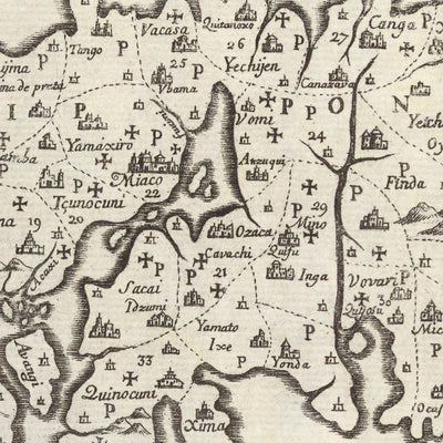 Alte portugiesische Karte von Japan von Moreira, 1679: Edo, Kyoto, Osaka, Navigationsdetails, Shogun-Ära