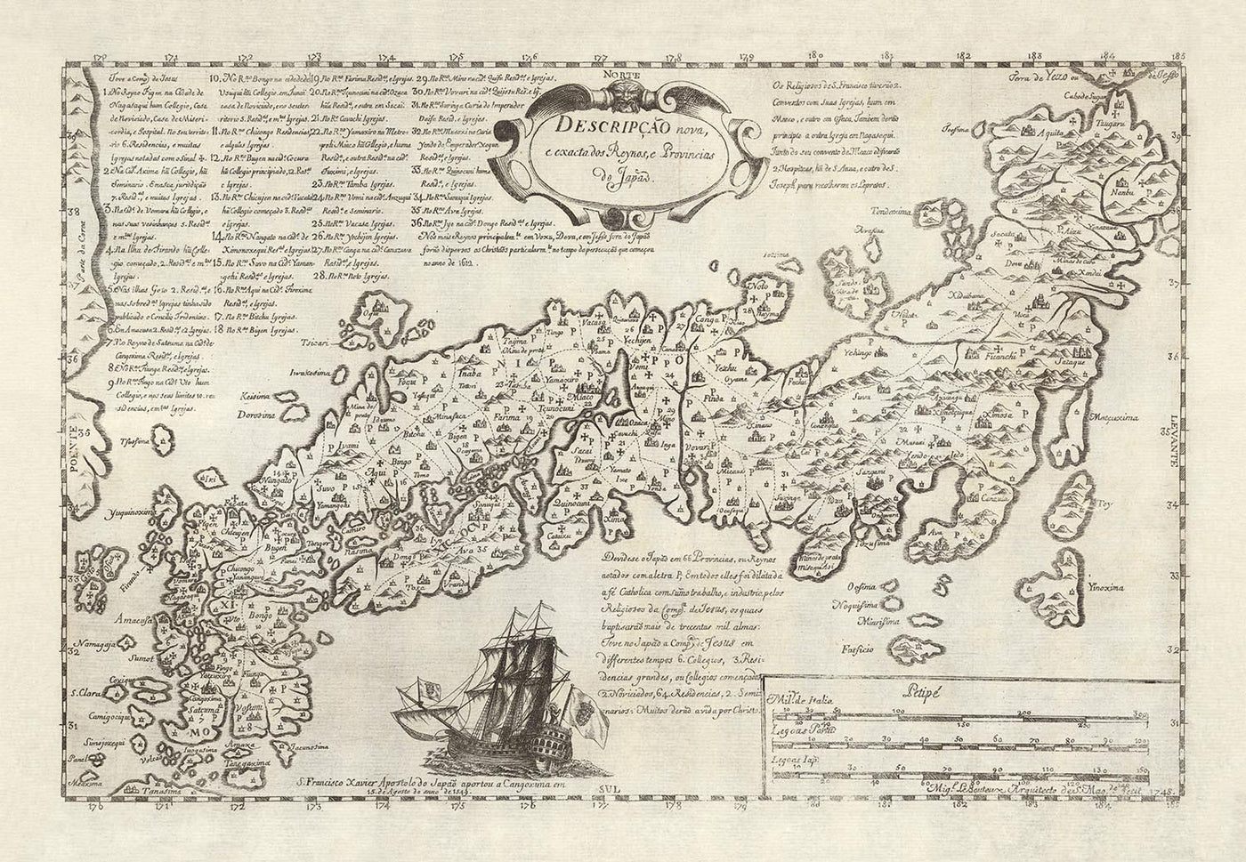 Antiguo mapa portugués de Japón por Moreira, 1679: Edo, Kioto, Osaka, detalles de navegación, era Shogun
