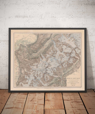 Mapa antiguo del macizo del Mont Blanc en 1865 por Jean-Joseph Mieulet - Chamonix, Entreves, Les Houches, Saint-Nicolas de Veroce, Los Alpes