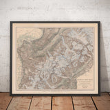 Old Map of Mont Blanc Massif in 1865 by Jean-Joseph Mieulet - Chamonix, Entreves, Les Houches, Saint-Nicolas de Veroce, The Alps