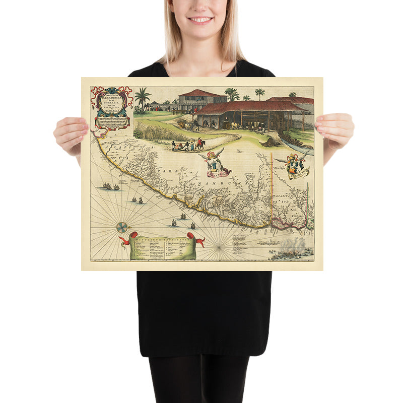 Mappa antica della costa del Brasile di Blaeu, 1662: Pernambuco, Itamaracá, Recife, Olinda, canna da zucchero, navi 