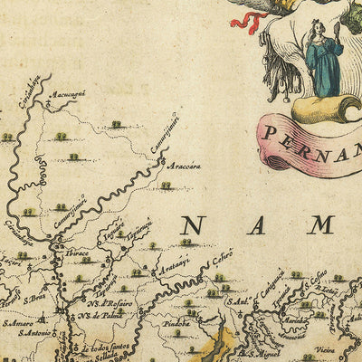 Mapa antiguo de Pernambuco e Itamaracá de Blaeu, 1662: Recife, Olinda, caña de azúcar, barcos, batalla naval