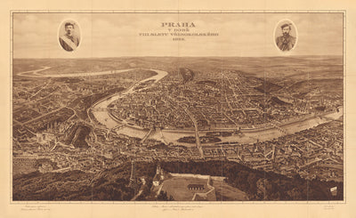 Old Birdseye Map of Prague by Mentor, 1926: Petrin Tower, Prague Castle, Mala Strana, Old Town, All Sokol Rally