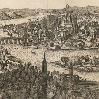 Old Birdseye Map of Prague by Boisseau, 1648: Charles Bridge, St. Vitus Cathedral, Prague Castle, Vltava River, Old Town