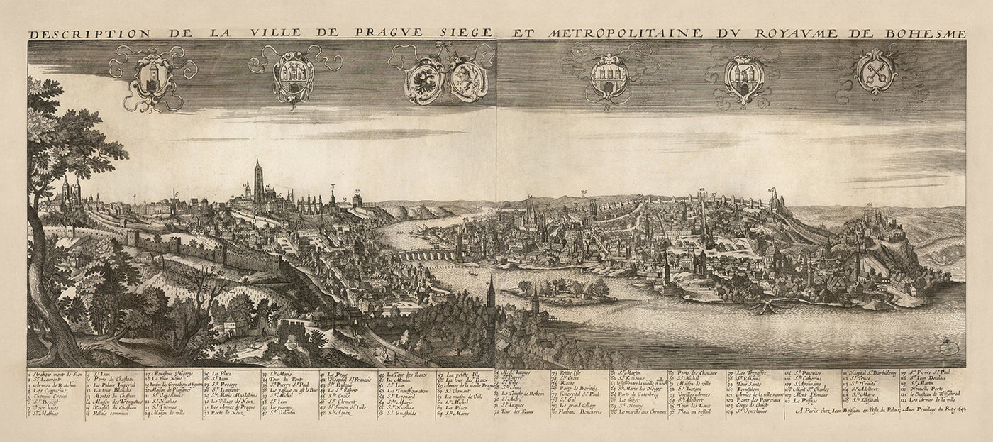 Antiguo mapa a vista de pájaro de Praga por Boisseau, 1648: Puente de Carlos, Catedral de San Vito, Castillo de Praga, Río Moldava, Ciudad Vieja.