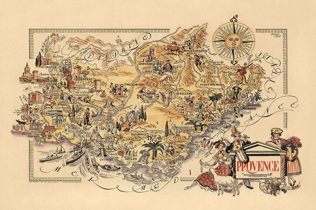 Old Map of Provence, France by Liozu, 1951: Marseille, Avignon, Cannes, Nice, Monaco
