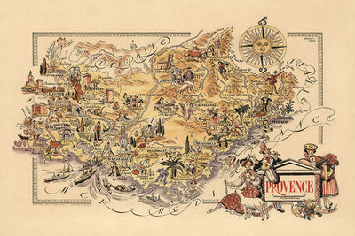 Antiguo mapa de Provenza, Francia por Liozu, 1951: Marsella, Aviñón, Cannes, Niza, Mónaco
