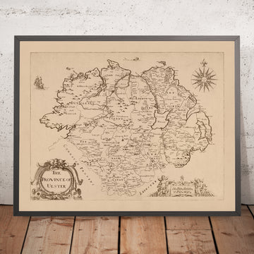 Mapa antiguo de Ulster por Petty, 1685: Armagh, Belfast, Londonderry, Donegal, Down, Antrim 
